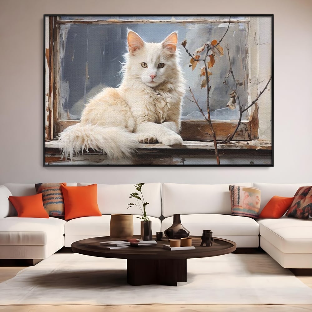 Tablou canvas cu tablou canvas cu pisica alba pe fereastra, in rama de aluminiu negru, pe perete intr-un living